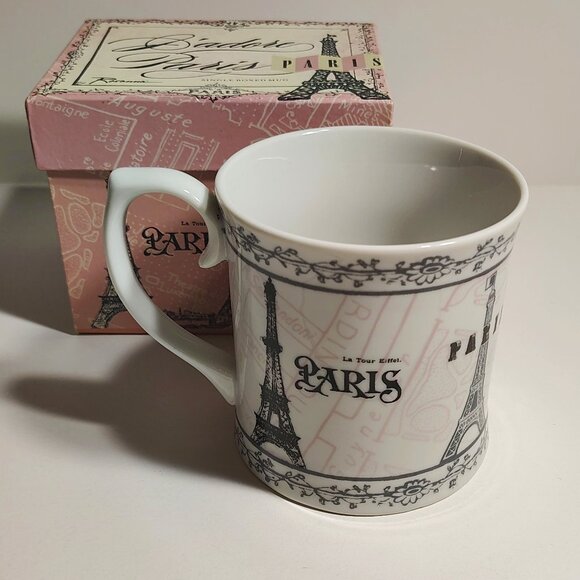 Rosanna Paris Coffee Mug Cup Cream Porcelain Pink & Gray Flowers 4” Eiffel Tower - Picture 1 of 6